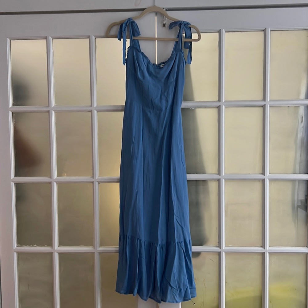 Maxi blue Reformation dress with adjustable straps zipper in the back